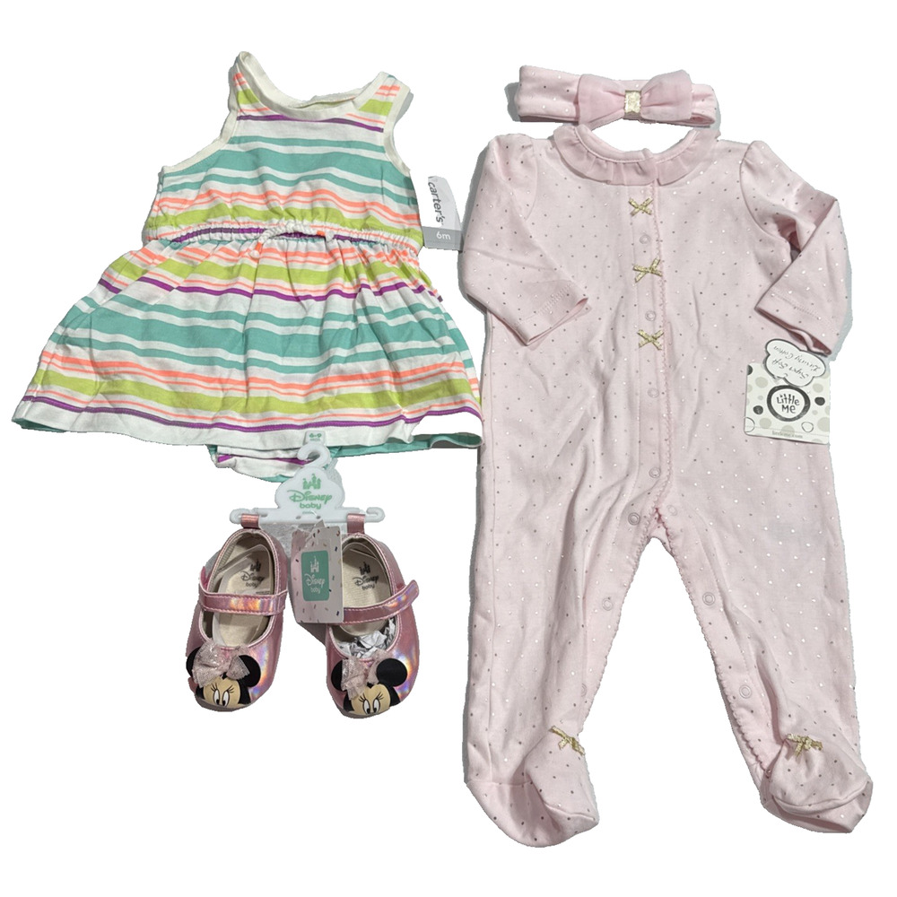 Lot of 3 Little Me Carters Disney Baby Girls 6M Footie, Bodysuit & Shoes Pink